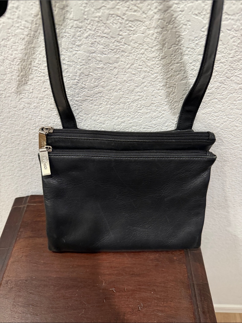 HOBO Black Leather Crossbody Bag with Dual Zip Compartments
